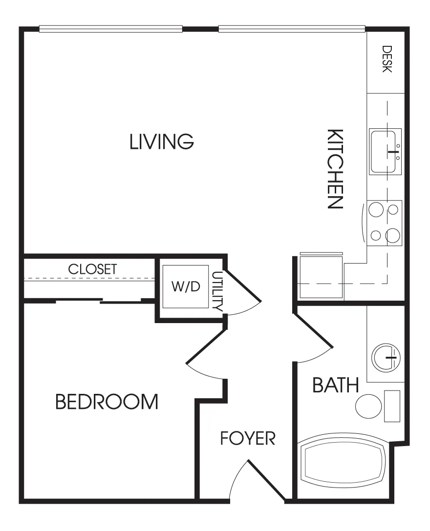 Modern 1-bedroom apartment floor plan featuring an open-concept living area, fully equipped kitchen with desk, and convenient bath and utility spaces.