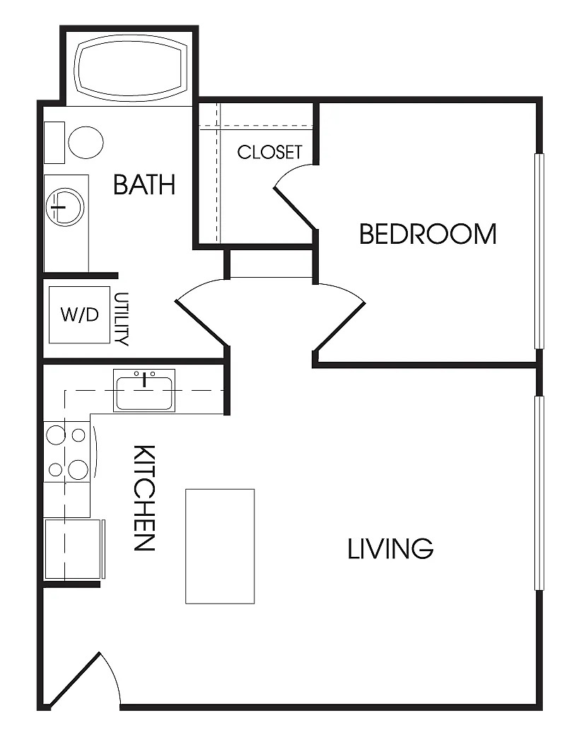 Modern floor plan showcasing a spacious 1-bedroom layout with an open-concept living and kitchen area, featuring a cozy bath and utility space.