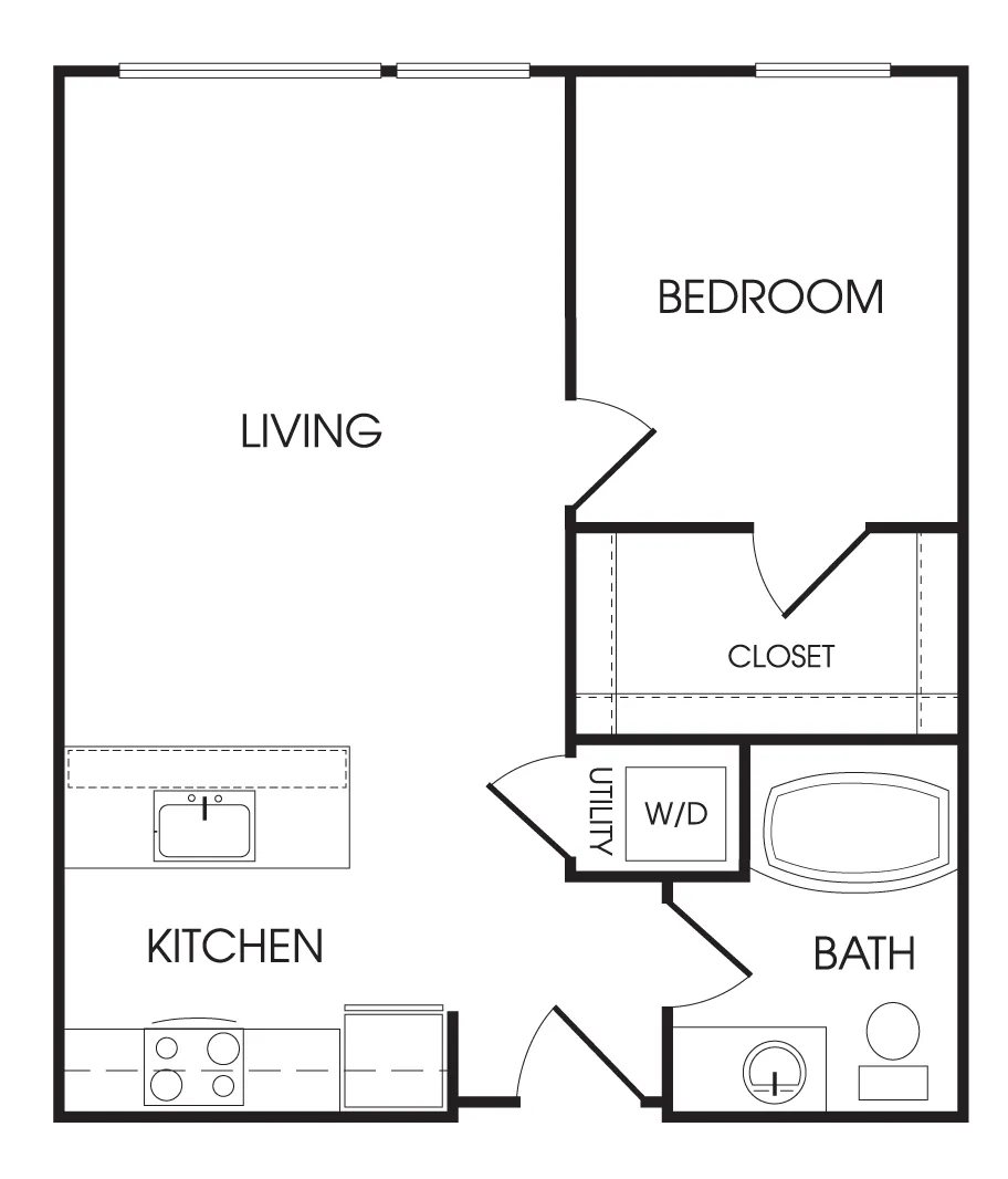 Cozy floor plan showcasing a spacious bedroom, open living area, modern kitchen, and functional bath with utility space.