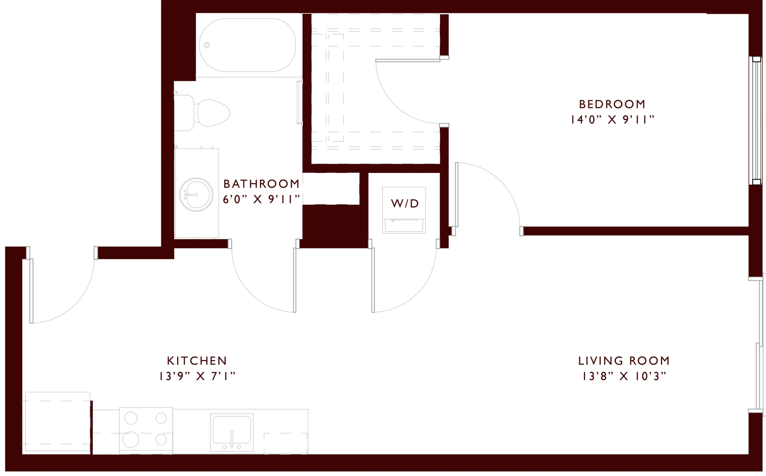 Contemporary floor plan showcasing a cozy 1-bedroom layout with open kitchen, spacious living room, and well-appointed bathroom.