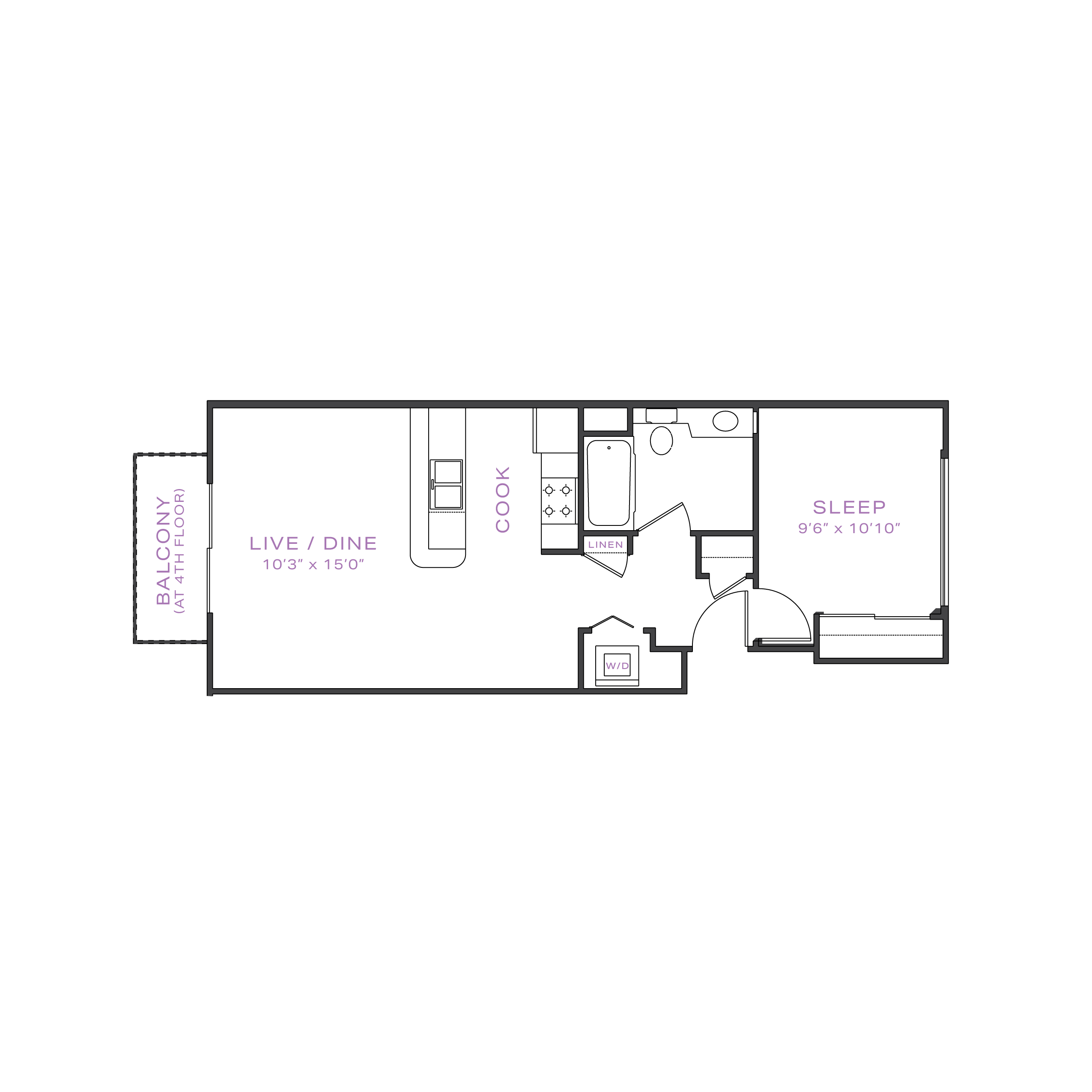 Modern apartment floor plan featuring a spacious living and dining area, a cozy bedroom, a stylish kitchen, and a balcony providing outdoor space.