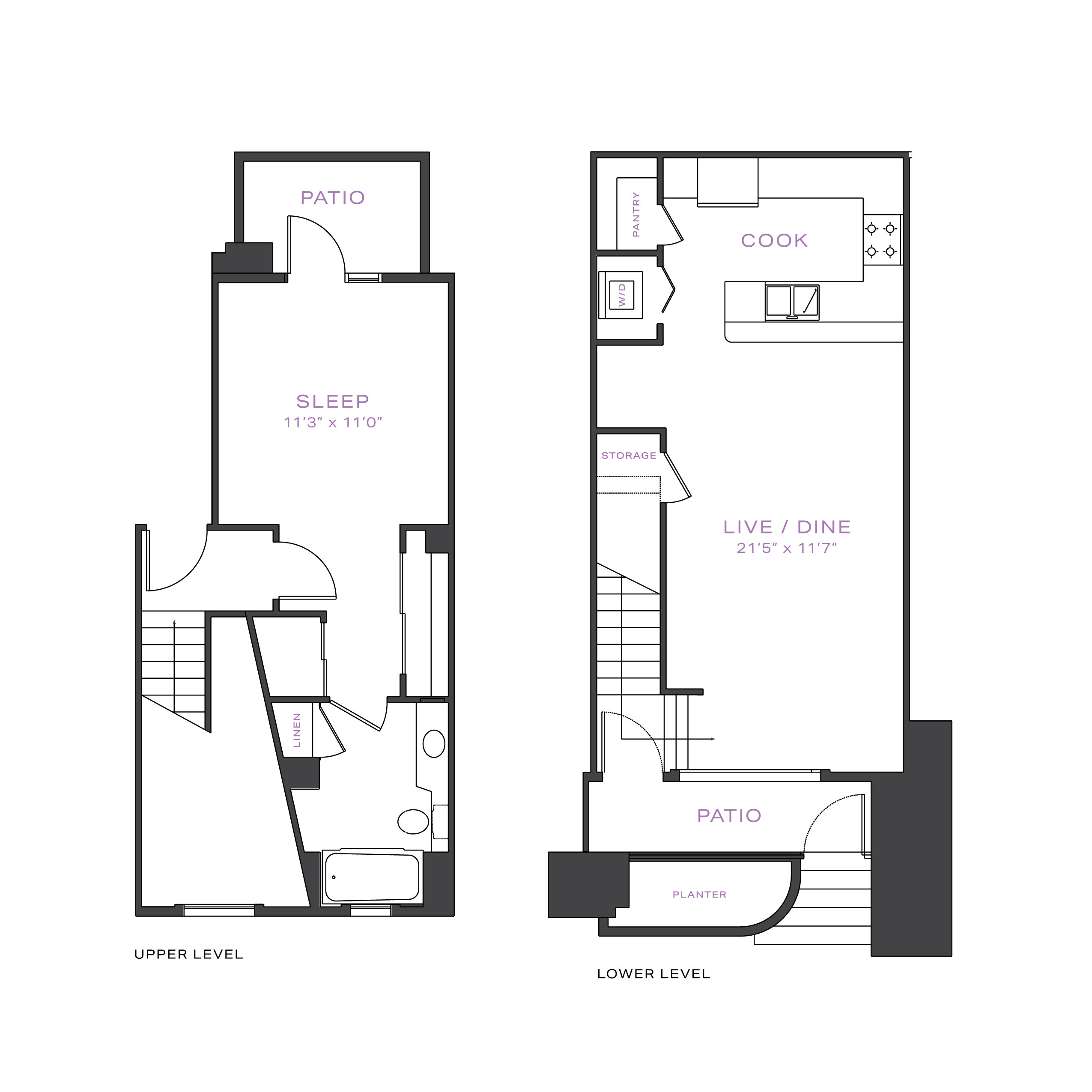 Chic two-level floor plan featuring a spacious living and dining area, modern kitchen, cozy bedroom, and two patios for outdoor relaxation.