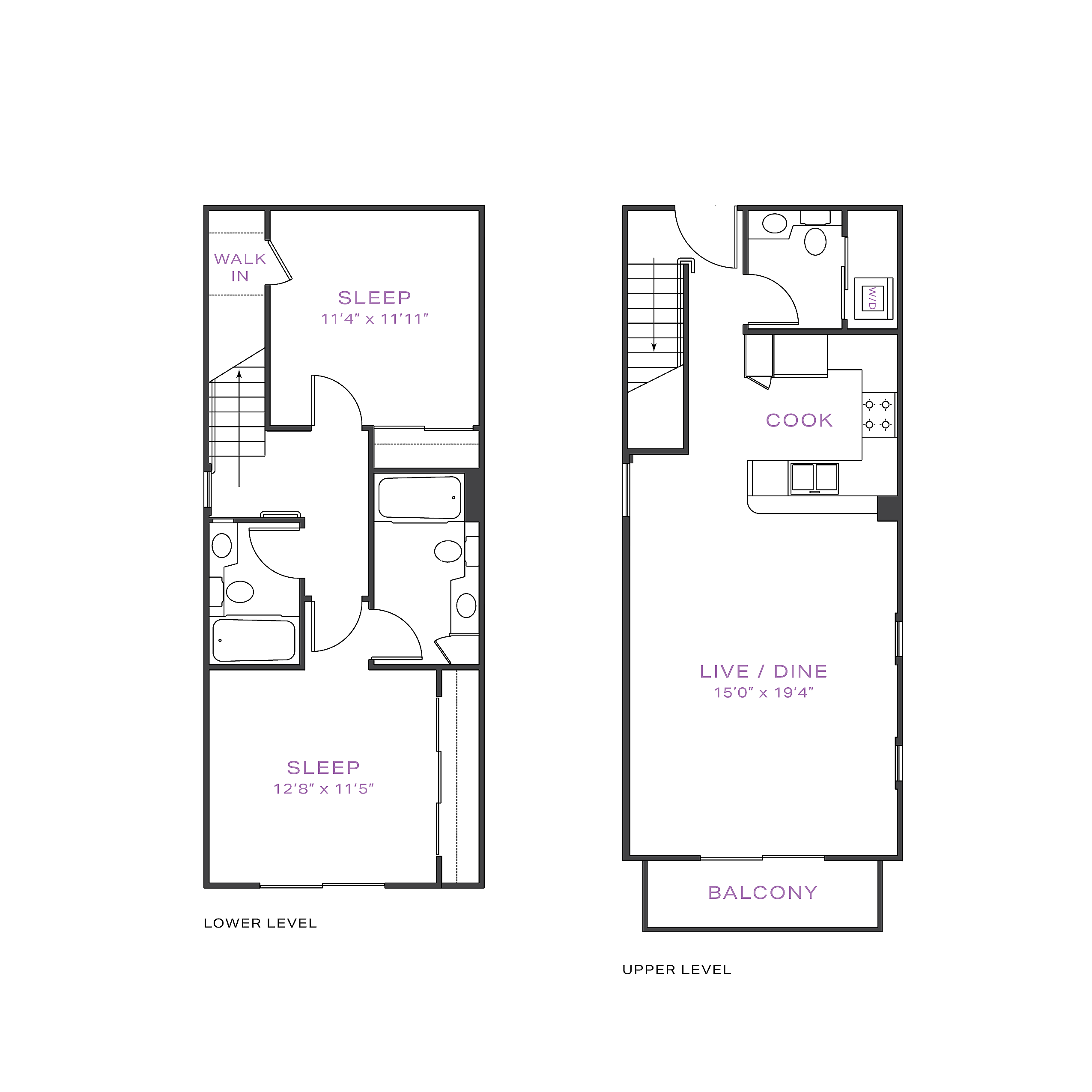 Chic dual-level floor plan featuring two spacious bedrooms, modern kitchen, open-concept living and dining area, and a private balcony.