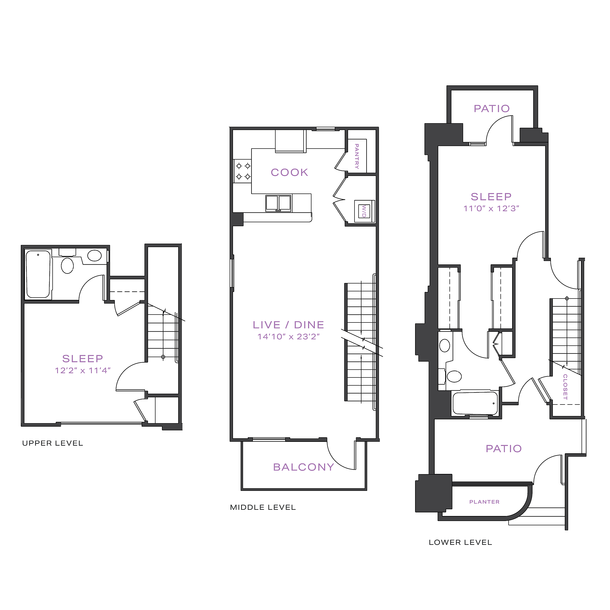 Modern three-level floor plan showcasing two bedrooms, spacious living and dining area, stylish kitchen with pantry, and inviting balcony and patio spaces.
