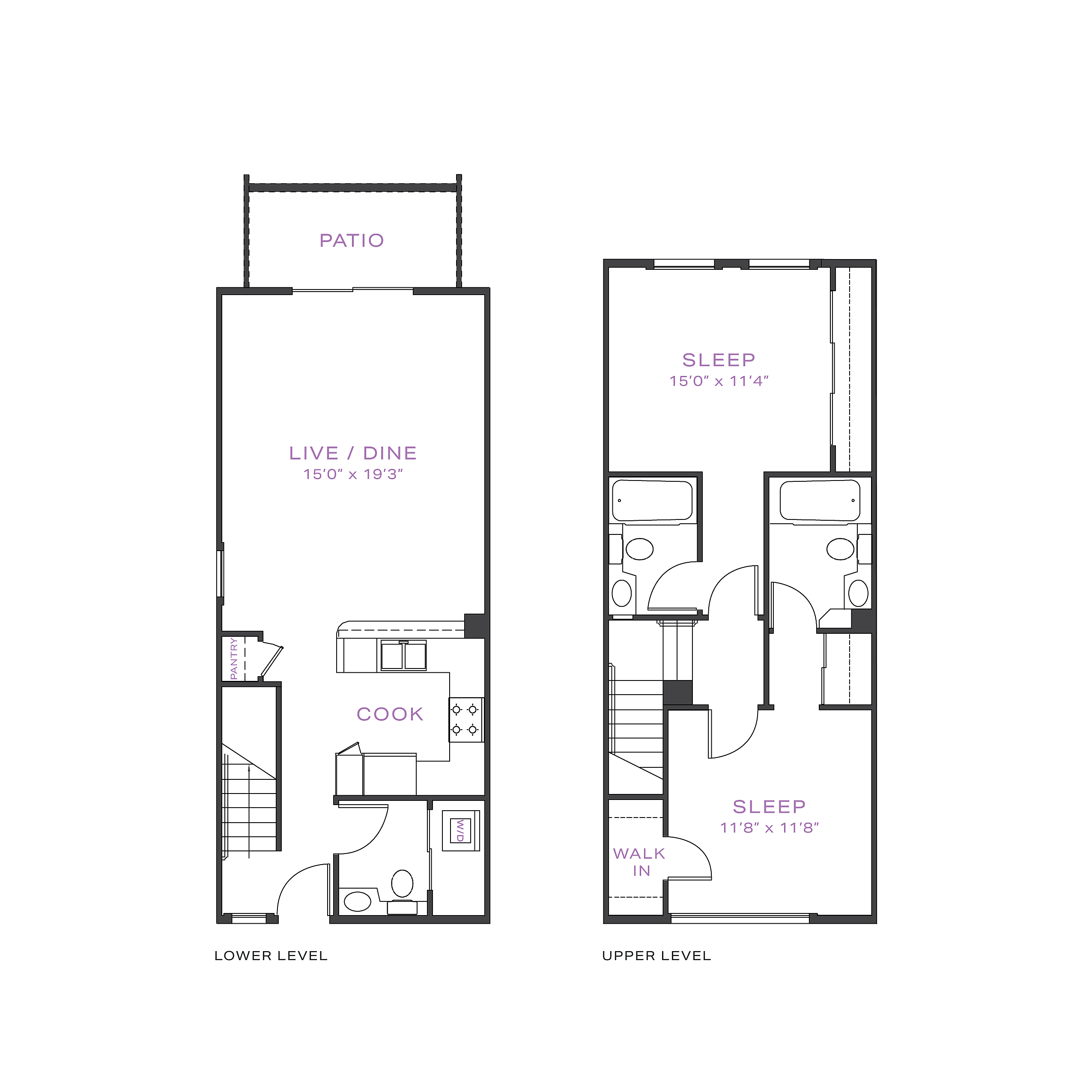 Modern dual-level floor plan featuring two spacious bedrooms, an open living and dining area, a stylish kitchen, and a relaxing patio.