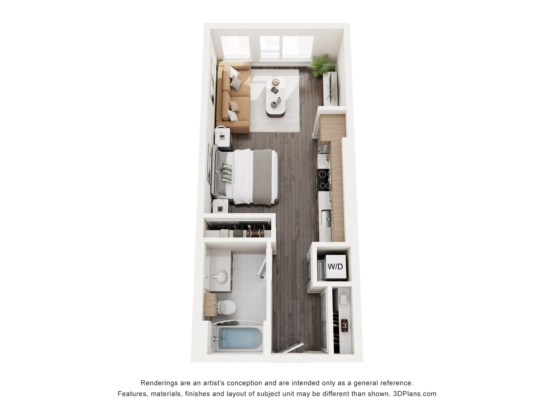 Modern studio apartment floor plan featuring open living area, cozy bedroom, sleek kitchen, and spacious bathroom.