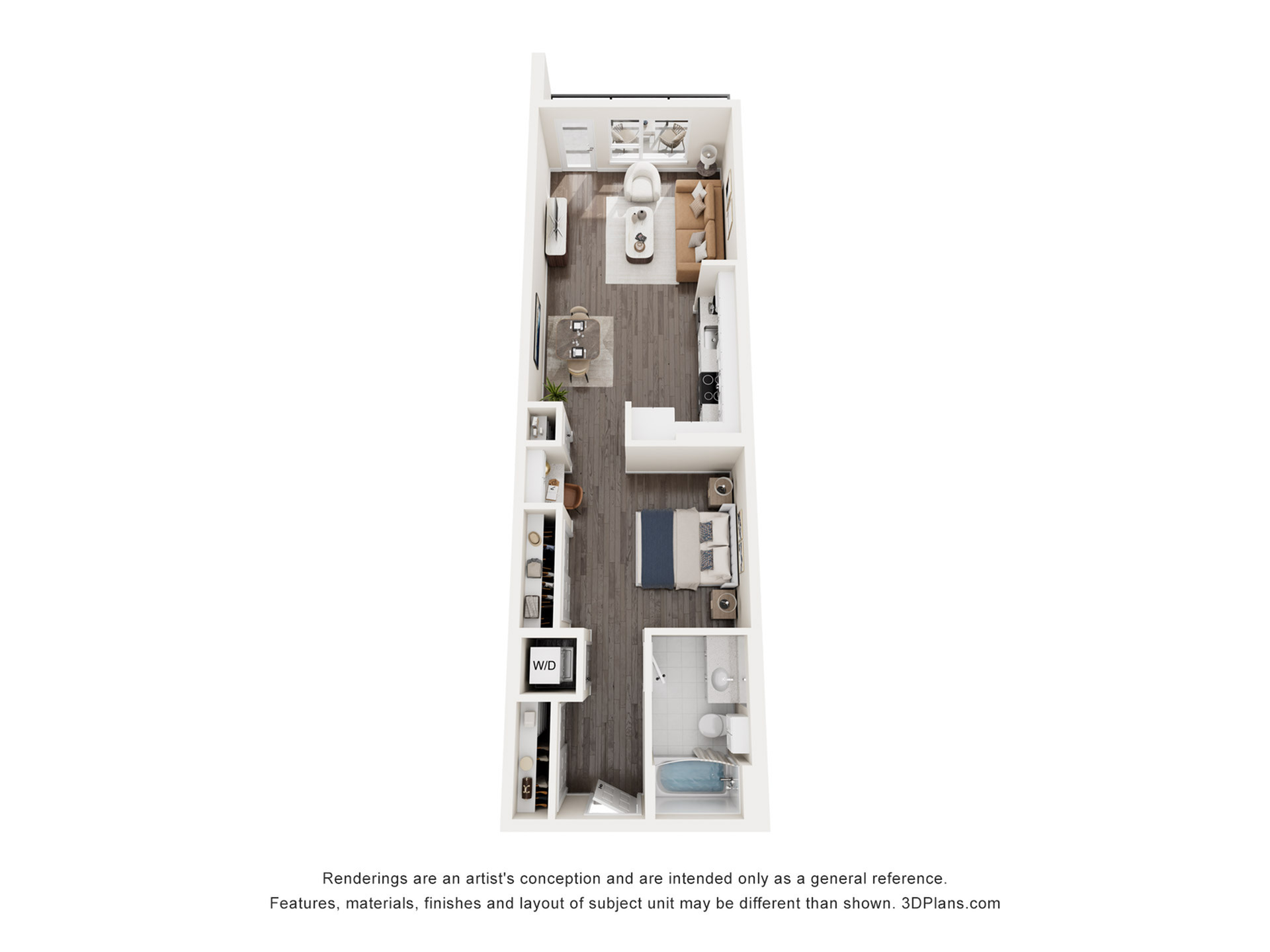 Modern studio apartment floor plan with open living area, kitchen, bathroom, and laundry space.