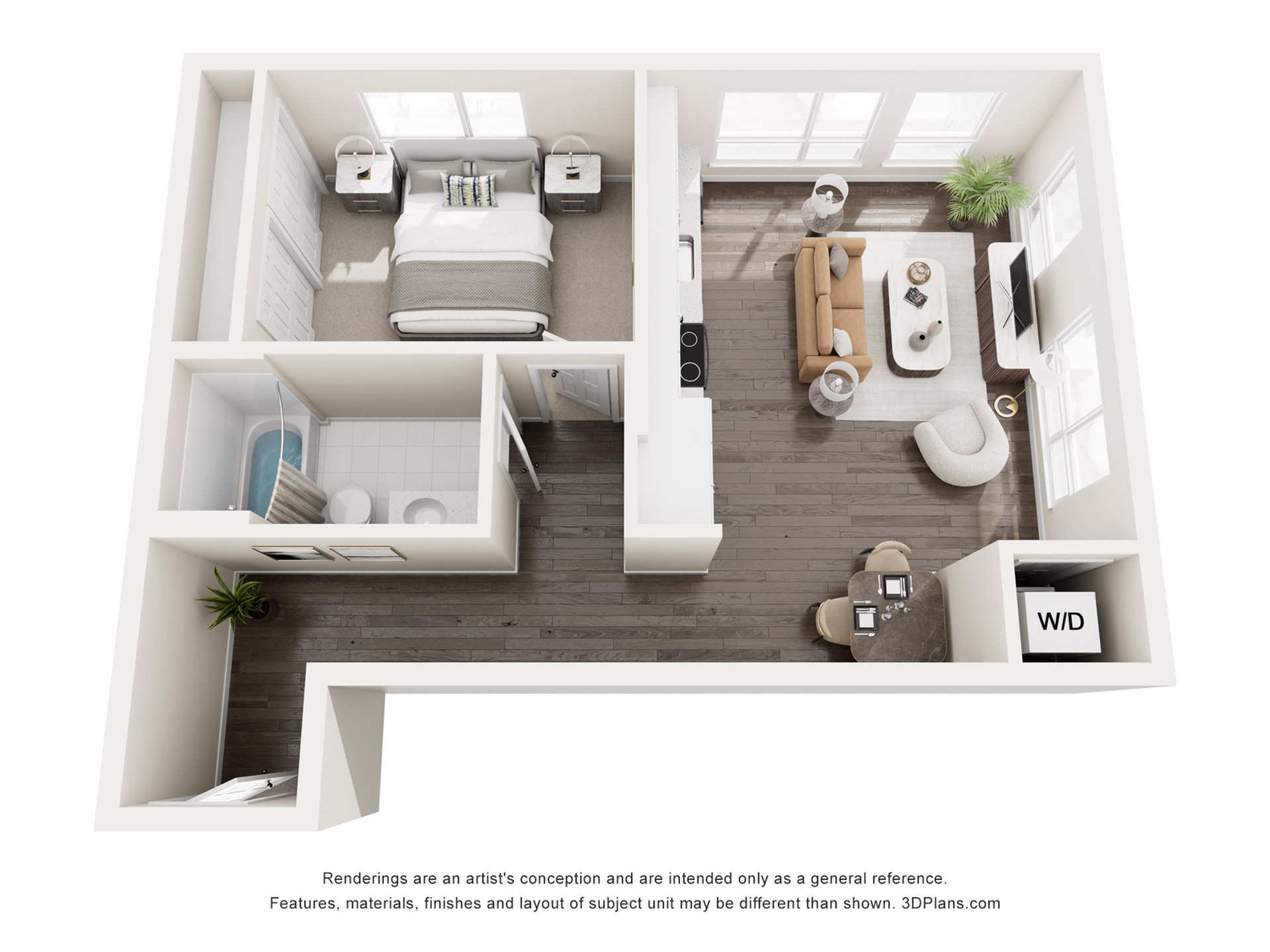 Stylish 3D floor plan of a modern apartment featuring one bedroom, open living area, kitchen, and bathroom