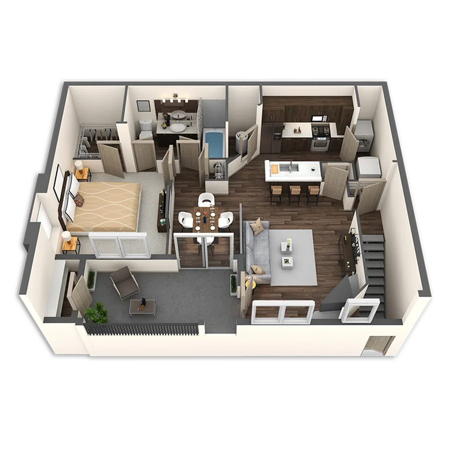 Modern apartment floor plan showcasing one bedroom, a stylish open-concept living area, sleek kitchen, and a cozy balcony.