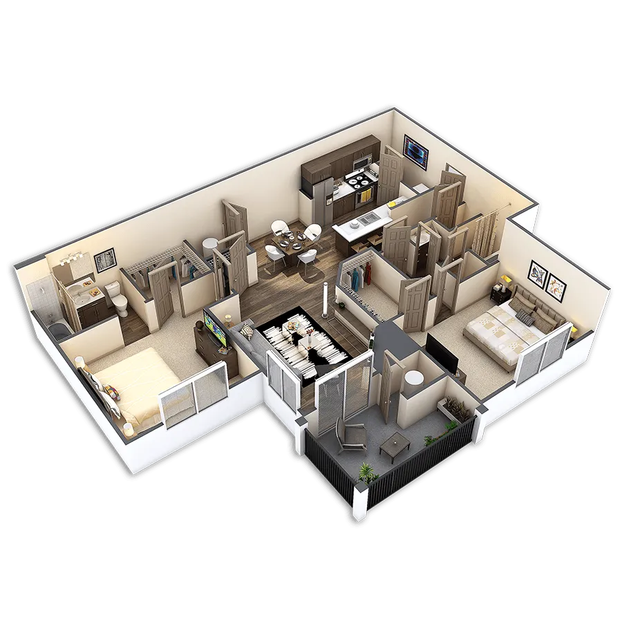 Modern 3D floor plan showcasing 3 bedrooms, a stylish open-concept kitchen, and a cozy living area with balcony access.