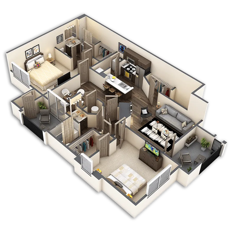 Elegant 3D floor plan showcasing 2 bedrooms, an open-concept living and dining area, modern kitchen, and private patio, perfect for stylish urban living.