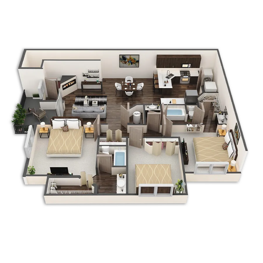 Modern 3D floor plan showcasing a spacious 3-bedroom apartment with open-concept living and dining area, and private balcony.