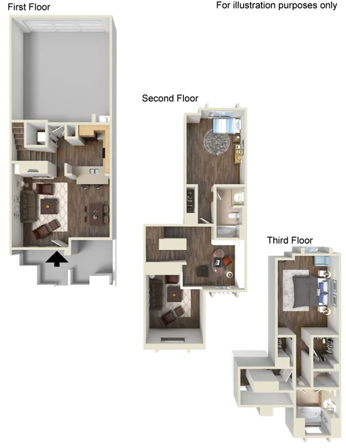 Chic 3D floor plan showcasing a three-story apartment with an open living and dining area on the first floor, cozy bedrooms on the second and third floors, and modern fixtures throughout.