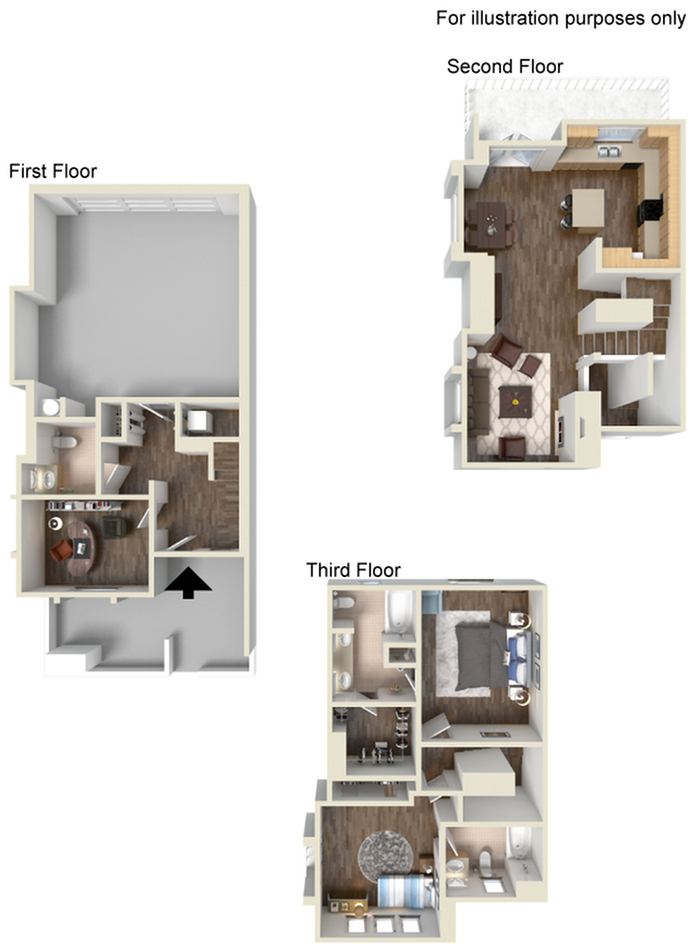 Elegant three-story floor plan showcasing a spacious living area, modern kitchen, and multiple bedrooms with en-suite bathrooms, perfect for comfortable urban living.