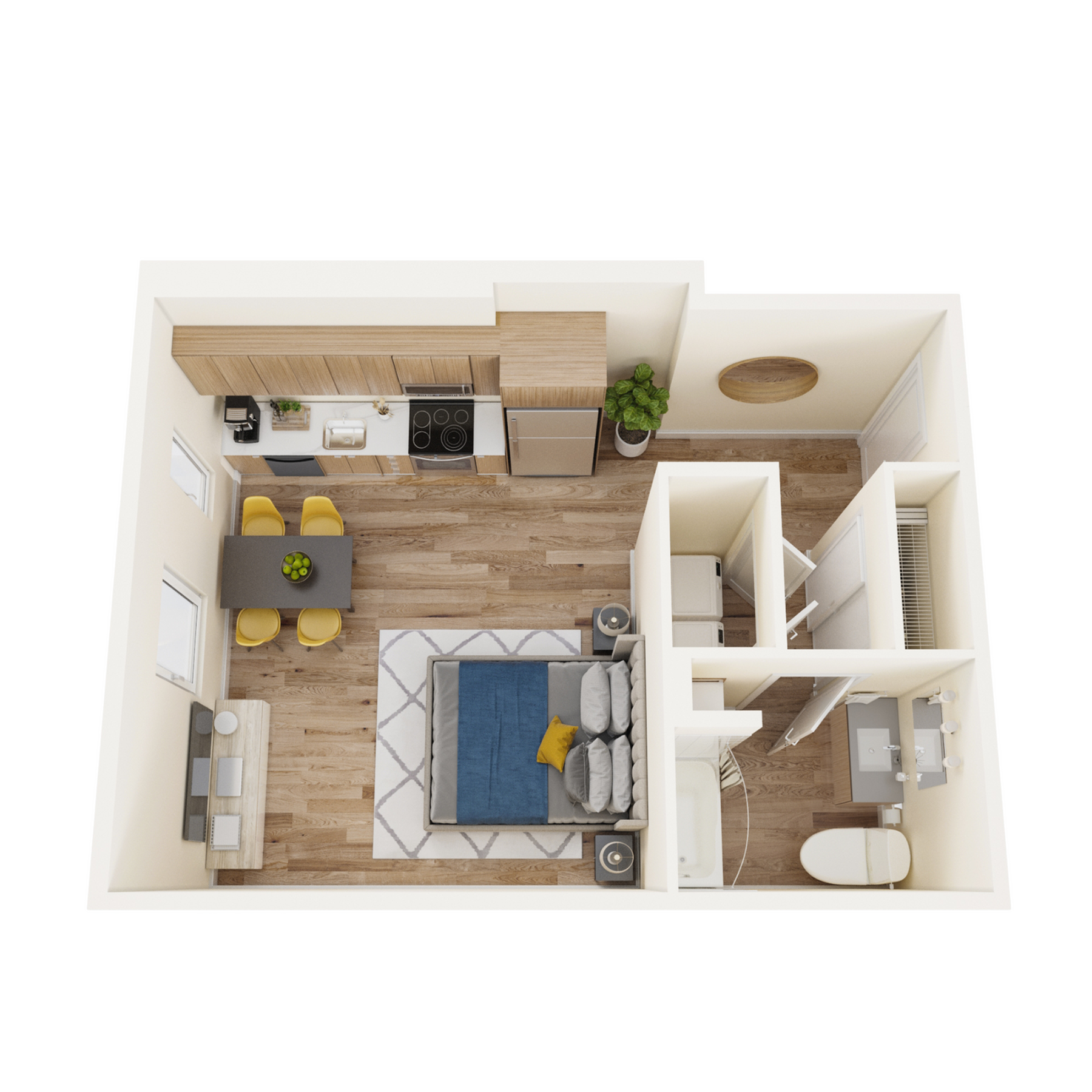 Chic studio apartment floor plan with modern kitchen, cozy dining area, and elegant bathroom.