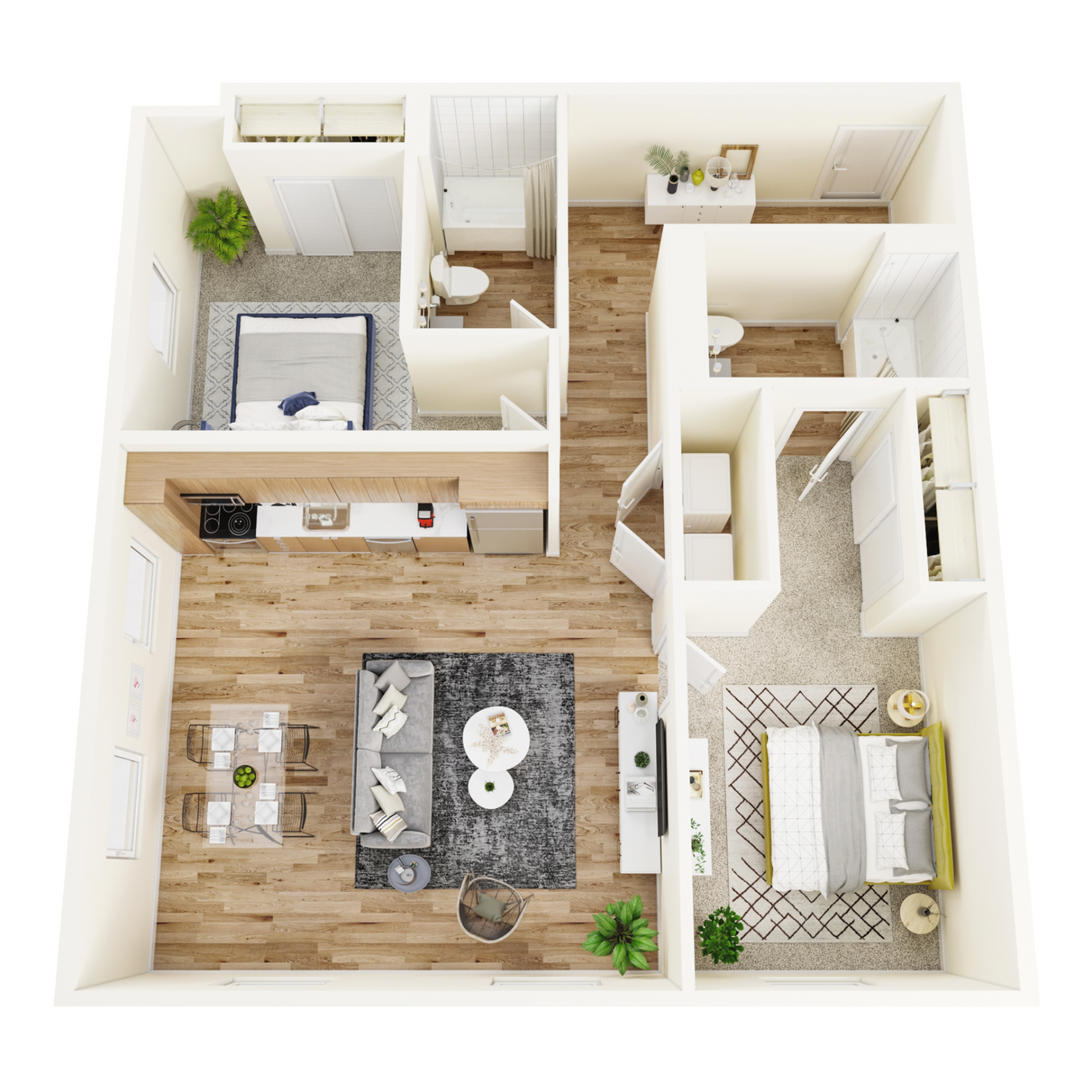 Contemporary 2-bedroom apartment floor plan with open-concept living and dining area, sleek kitchen, and elegant hardwood floors.