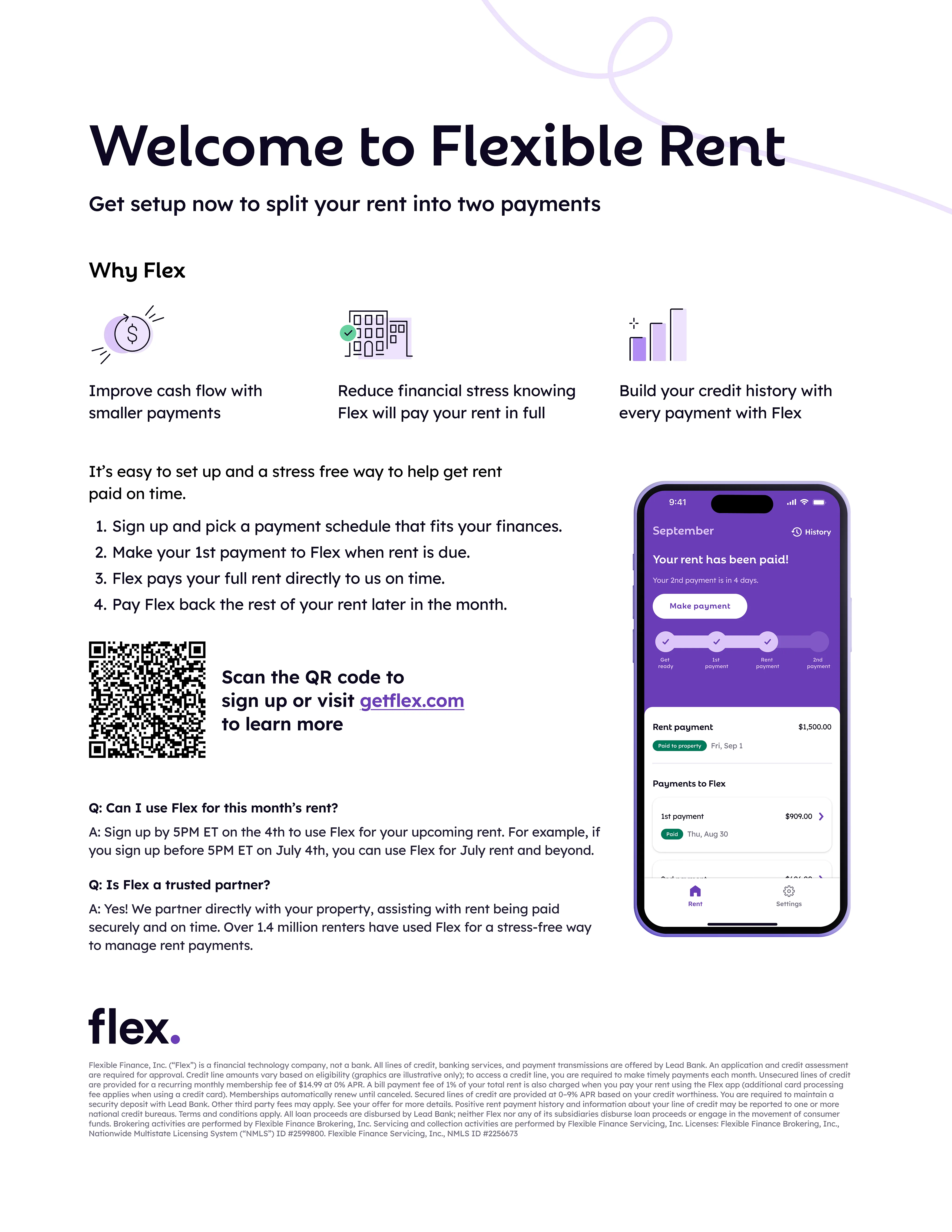 Informative flyer for Flexible Rent featuring key benefits like improved cash flow and reduced financial stress, with an image of a mobile app interface and QR code for easy access.
