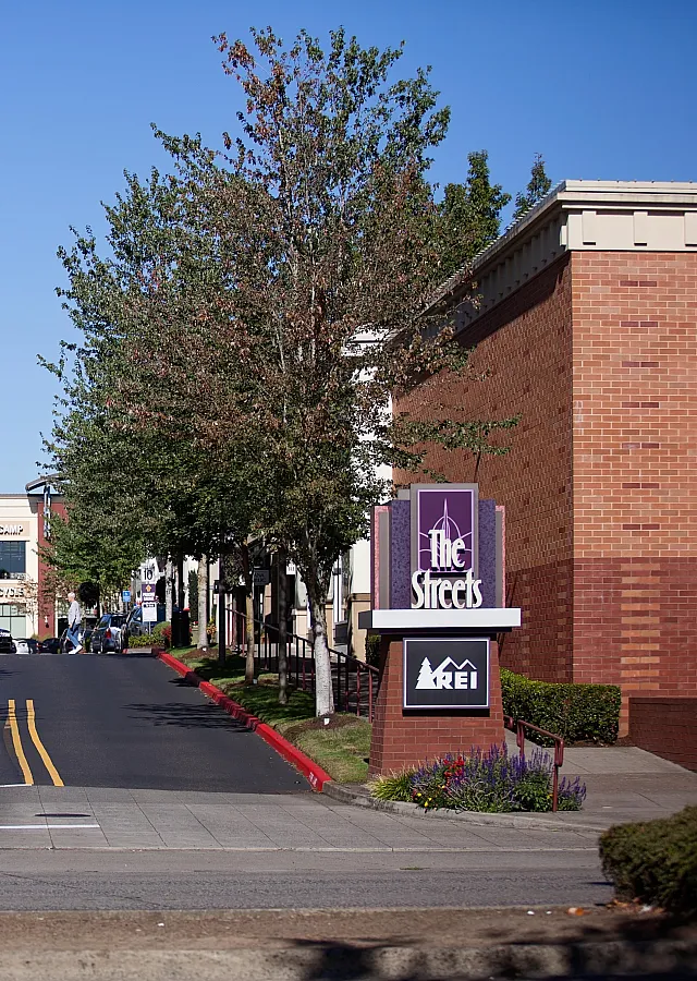 Lively shopping district entrance with trees and retail signs under a clear blue sky.