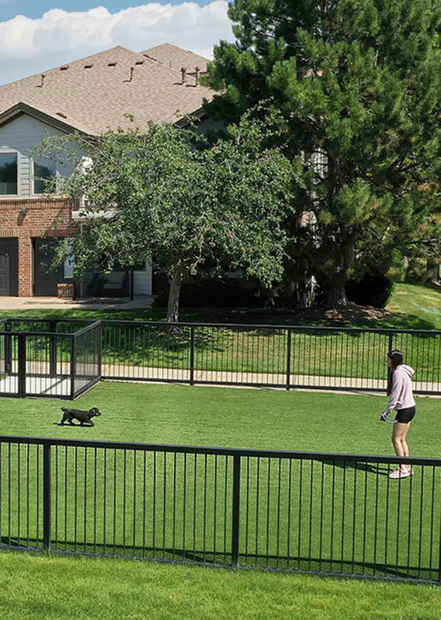 Charming pet-friendly apartment exterior featuring a lush fenced yard with a playful dog and a vibrant green lawn.