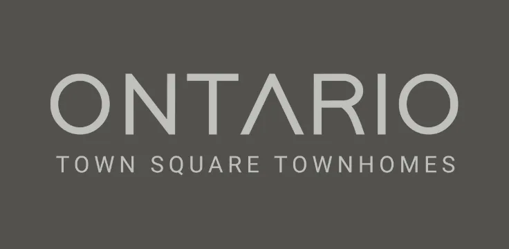 Elegant Ontario Town Square Townhomes logo with sleek typography on a modern gray background.