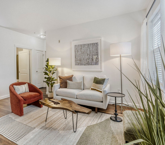 Chic and cozy living room with stylish modern decor, including a plush sofa and unique wooden coffee table, bathed in natural light.