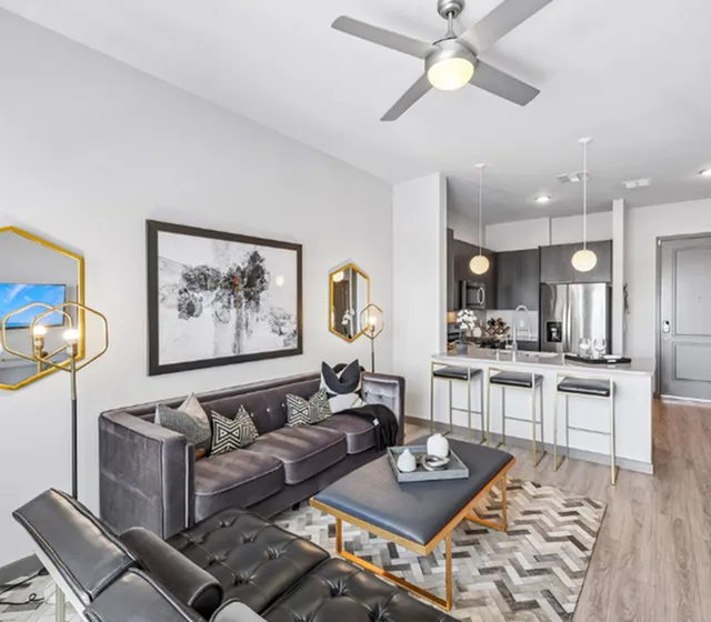 Contemporary open-concept living area featuring a chic gray sofa, stylish kitchen with modern appliances, and elegant lighting fixtures.