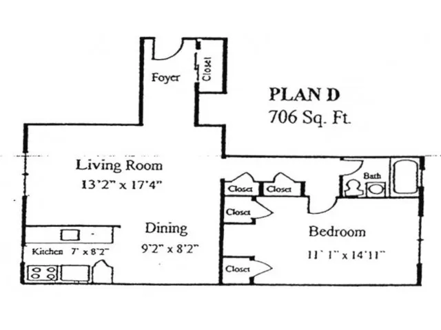Plan D: 1 bed, 1 bath