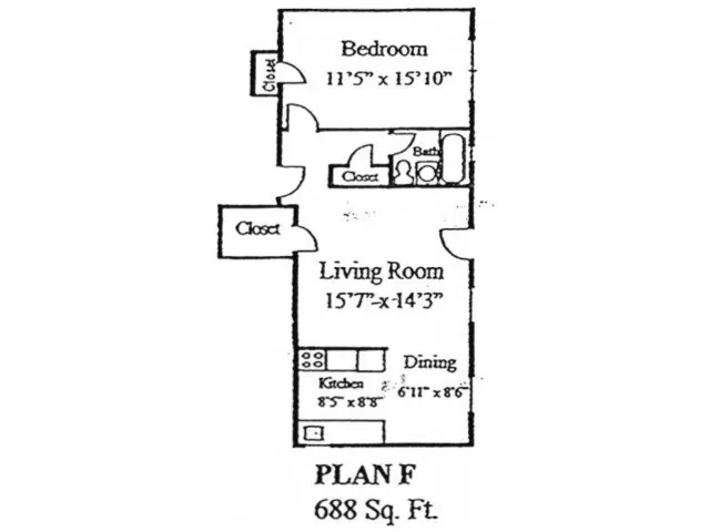Plan F: 1 bed, 1 bath