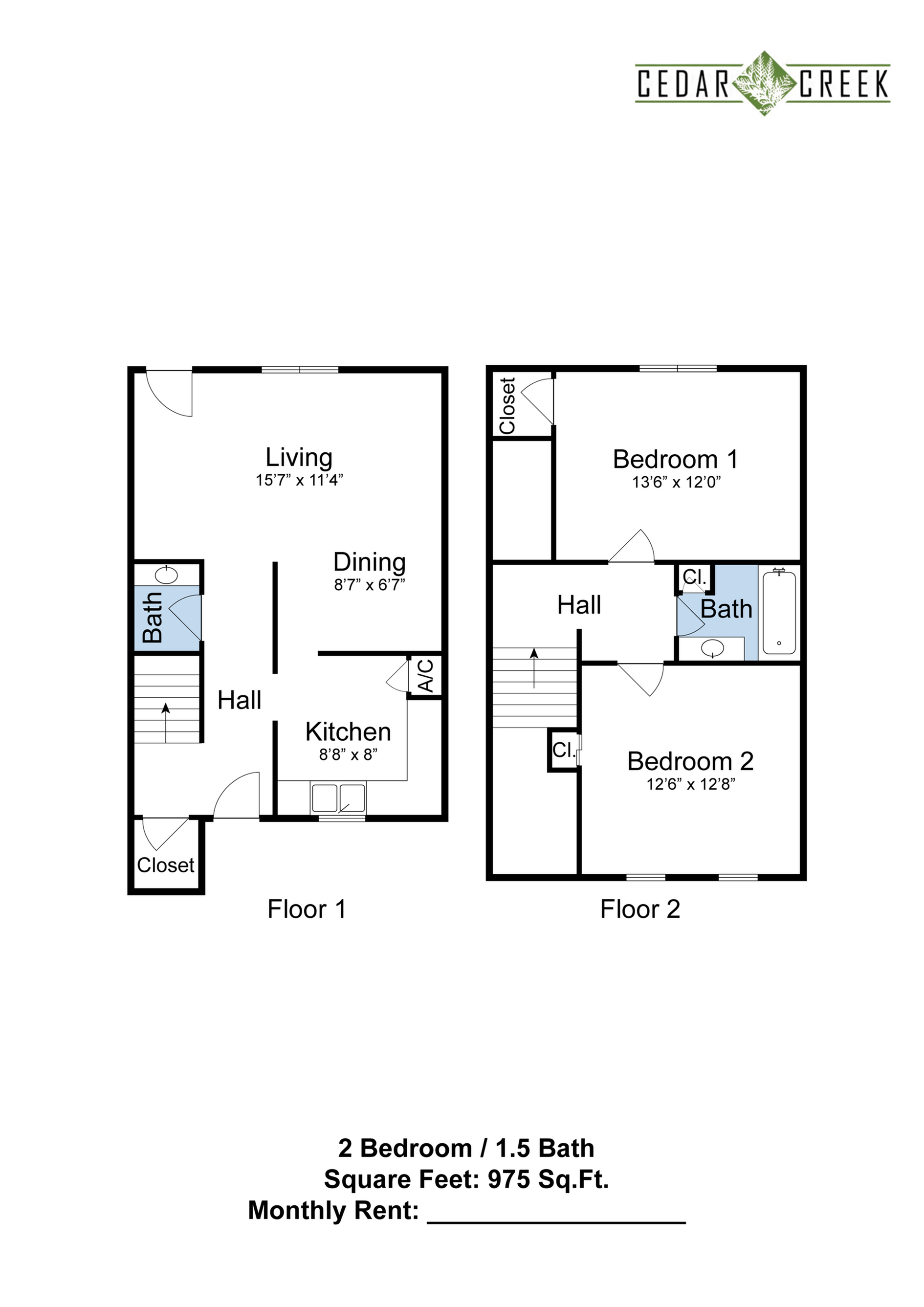 2 Bedroom, 1.5 Bath