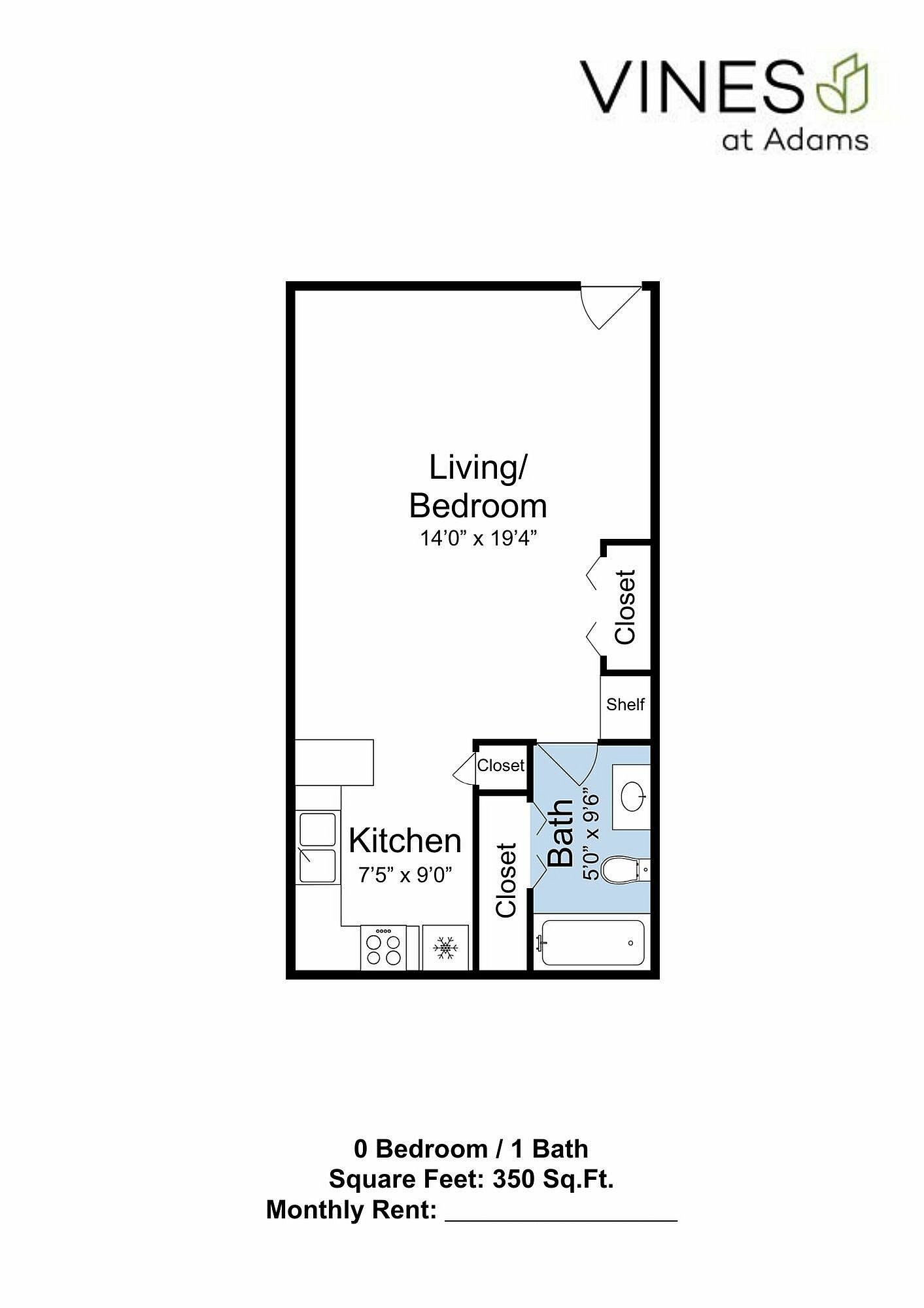 Efficient studio apartment floor plan at Vines at Adams featuring open-concept living/bedroom area, compact kitchen, and bathroom, within 350 sq ft.