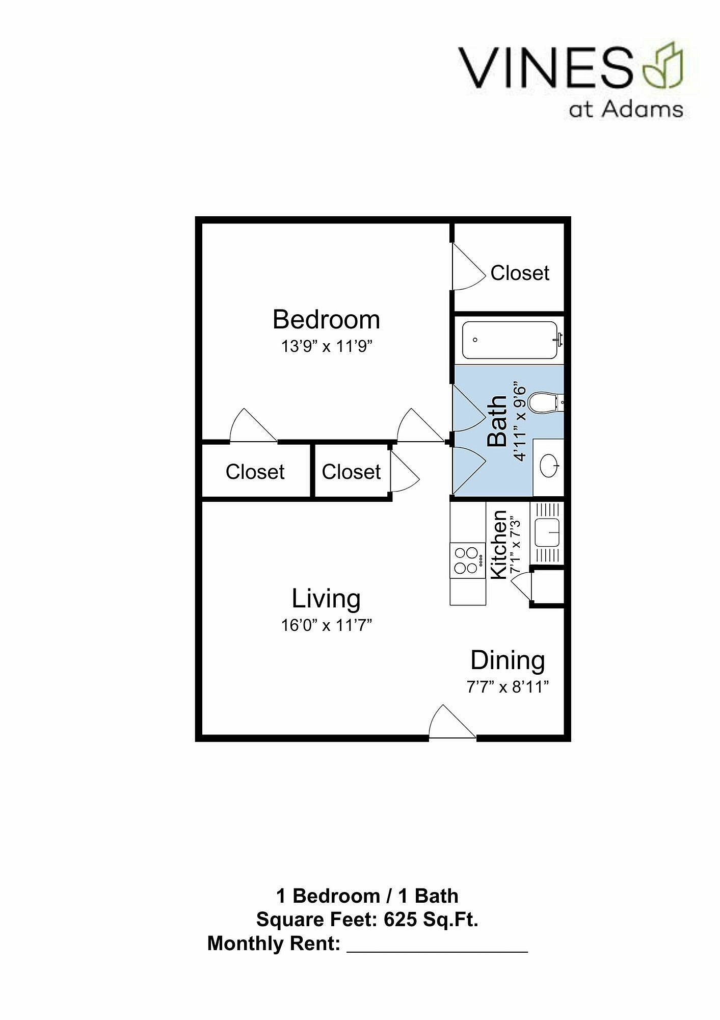 Charming floor plan at Vines at Adams featuring 1 bedroom, 1 bath, open living and dining area, and a cozy kitchen. Total area of 625 sq. ft. with ample closet space.
