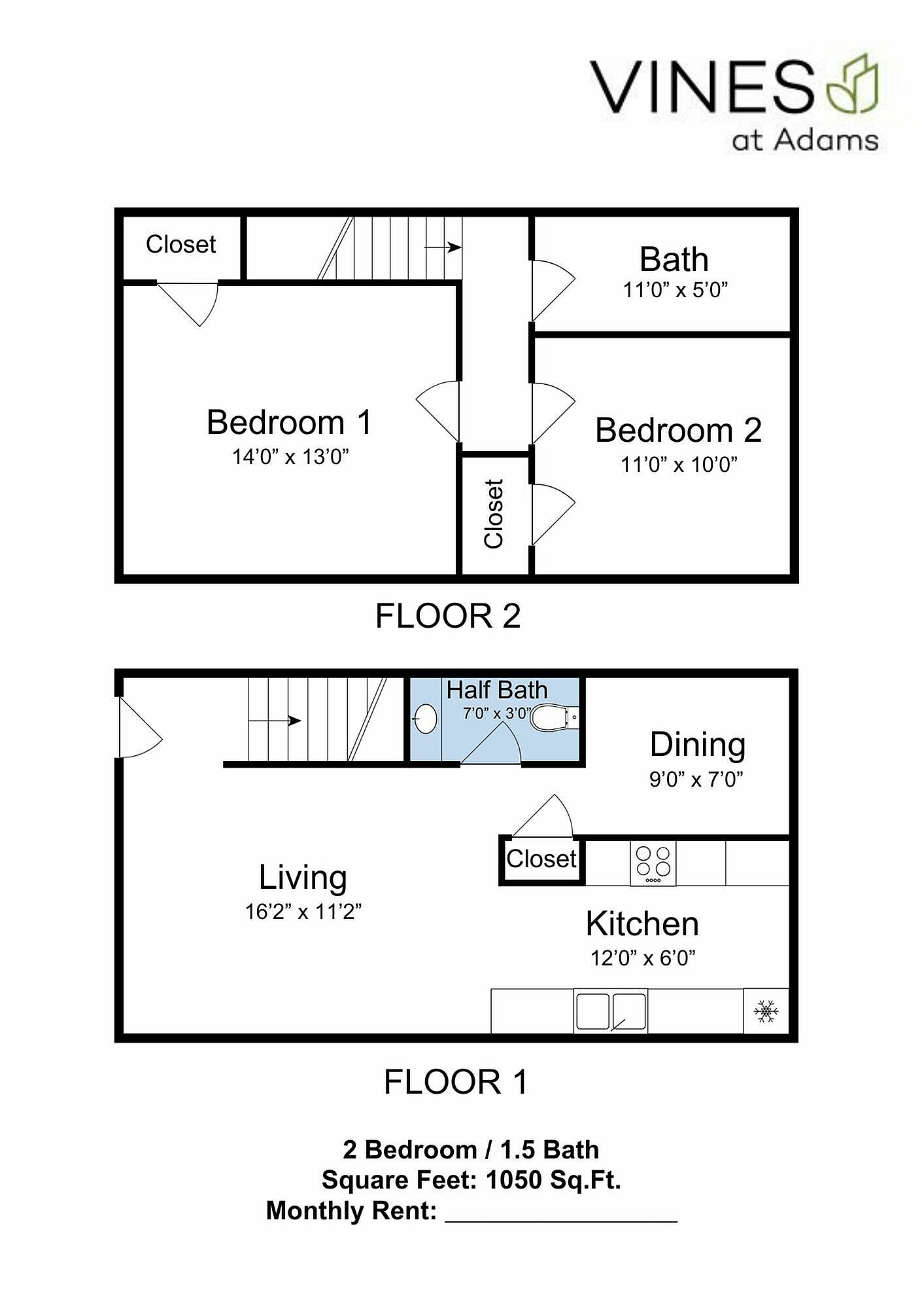 Inviting floor plan at Vines at Adams featuring 2 spacious bedrooms, 1.5 baths, and an open-concept living area with kitchen and dining space, totaling 1050 sq. ft.