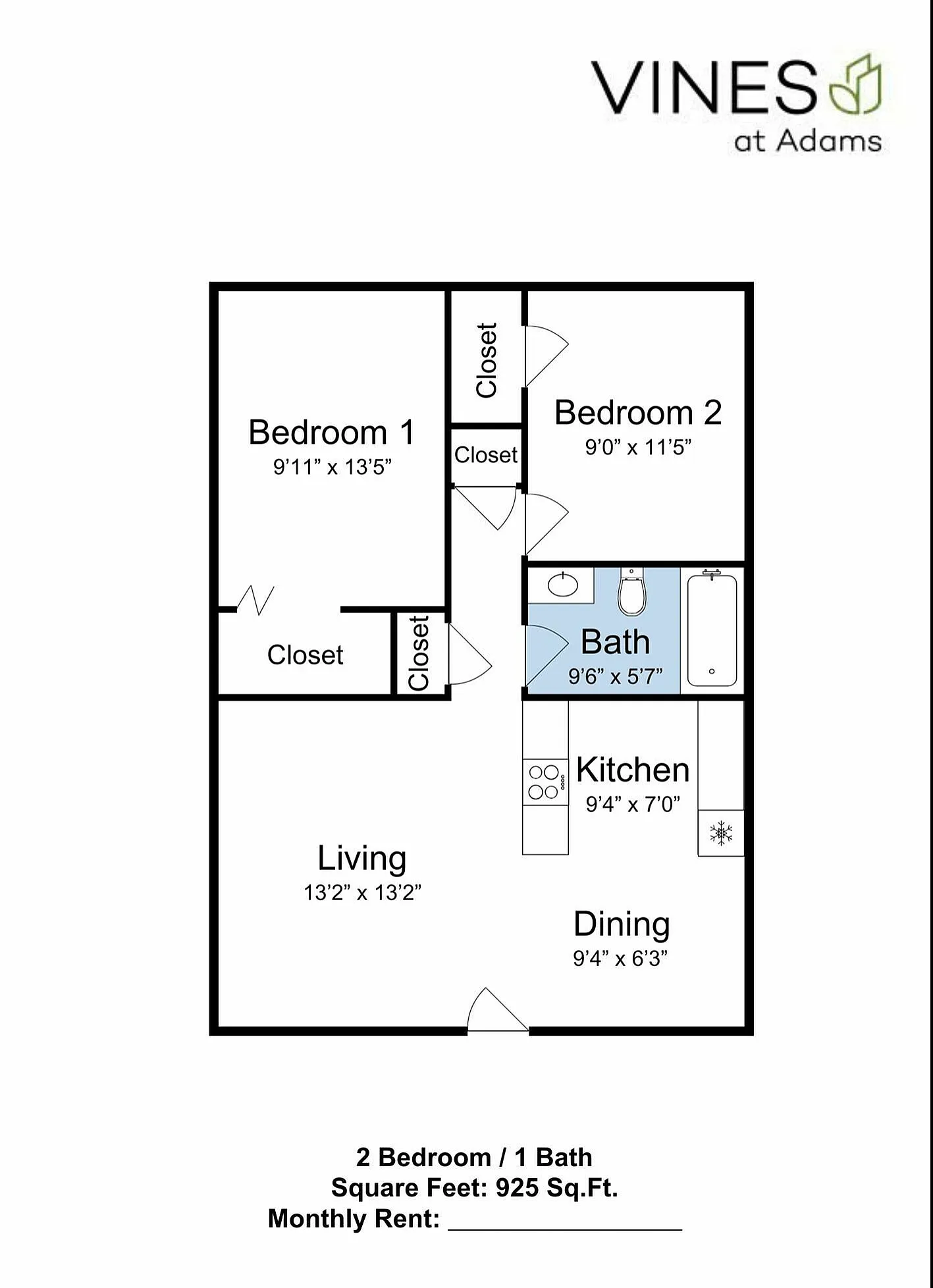 Charming Vines at Adams floor plan showcasing 2 spacious bedrooms, a cozy living area, efficient kitchen, and dining space, all within 925 sq ft.
