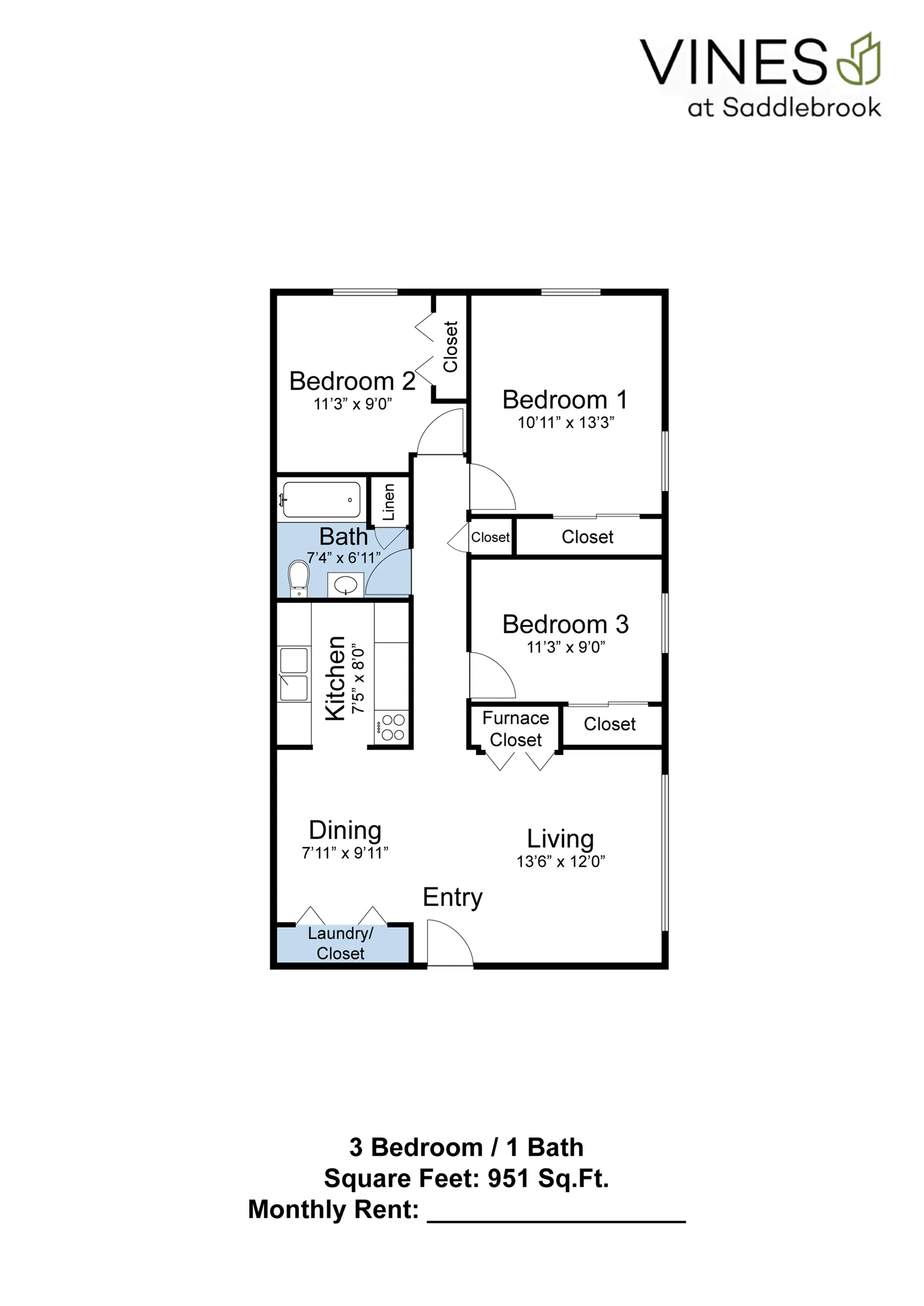 Inviting 3-bedroom floor plan at Vines at Saddlebrook features a cozy living room, versatile dining area, and a functional kitchen, all within 951 sq. ft of modern comfort.