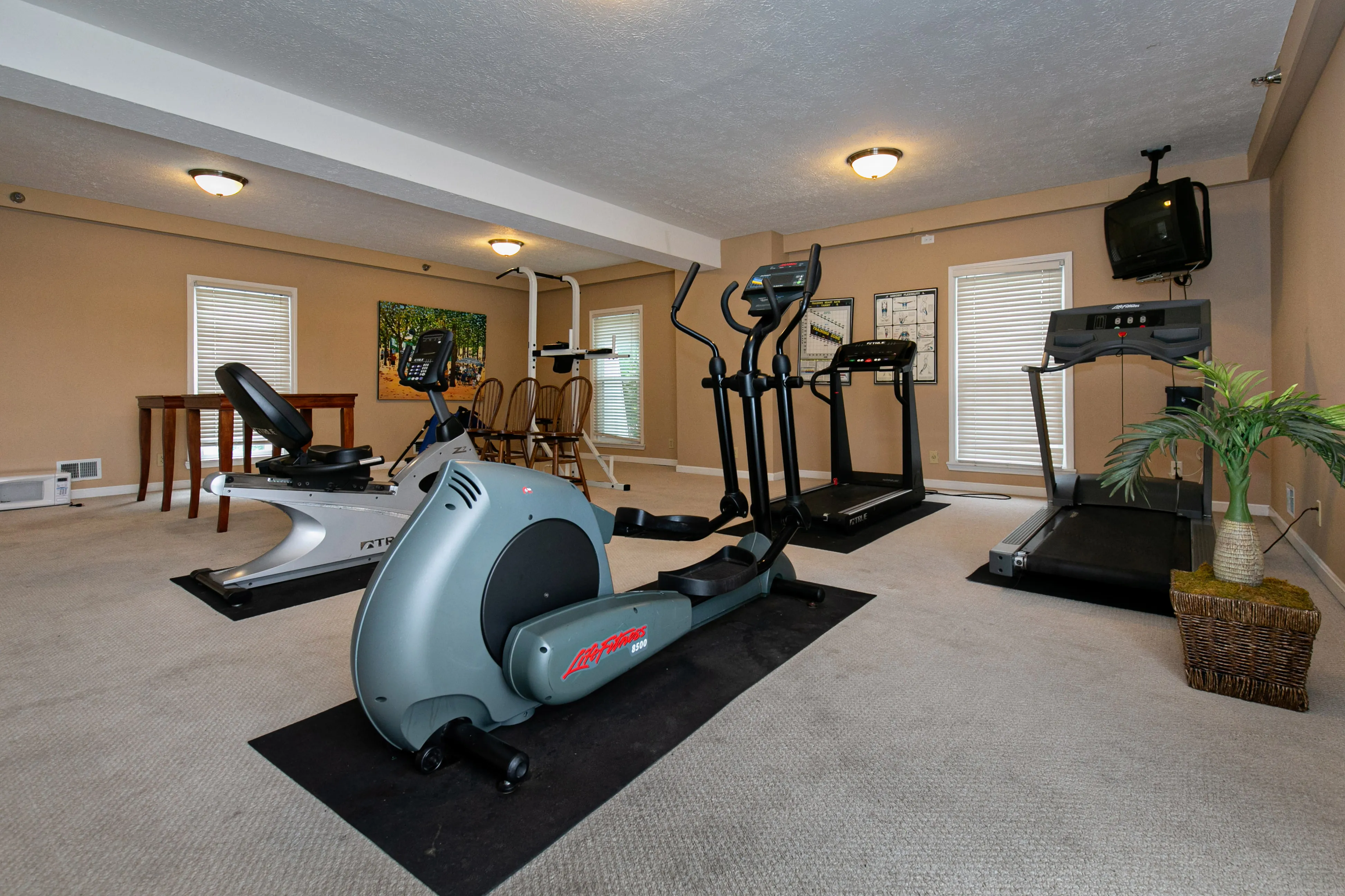 Inviting home gym with modern exercise equipment, including a treadmill and stationary bike, set in a spacious, well-lit room.