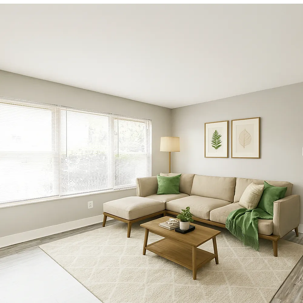 Bright and inviting living room with a beige sectional sofa, green accents, large windows, and modern decor for a cozy ambiance.