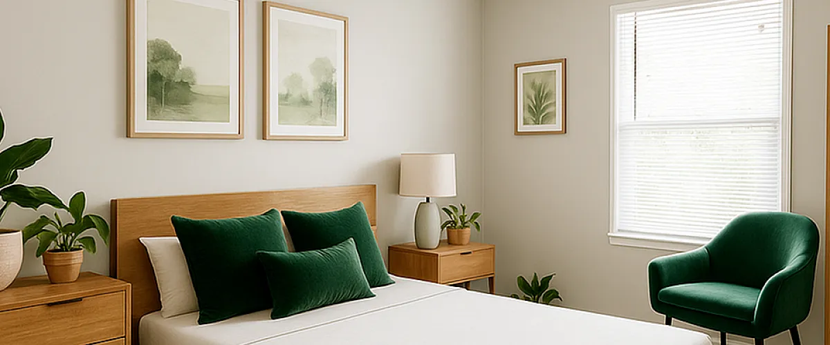 Elegant bedroom with a modern wooden bed, plush green accents, and natural light. Features stylish decor and serene atmosphere.