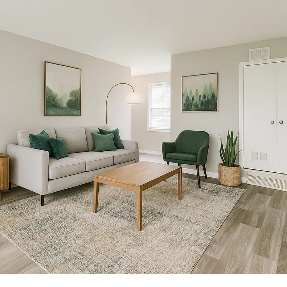 Elegant and modern living room with plush seating, stylish artwork, and warm wooden accents for a cozy ambiance.