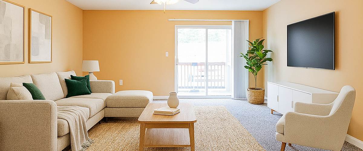 Bright and inviting living room with modern decor, featuring a cozy beige sectional, stylish armchair, and large flat-screen TV, illuminated by natural light from sliding glass doors.