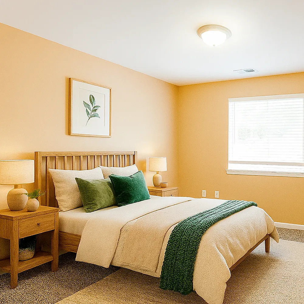 Inviting bedroom with warm tones, stylish wooden furniture, and lush greenery for a cozy ambiance.