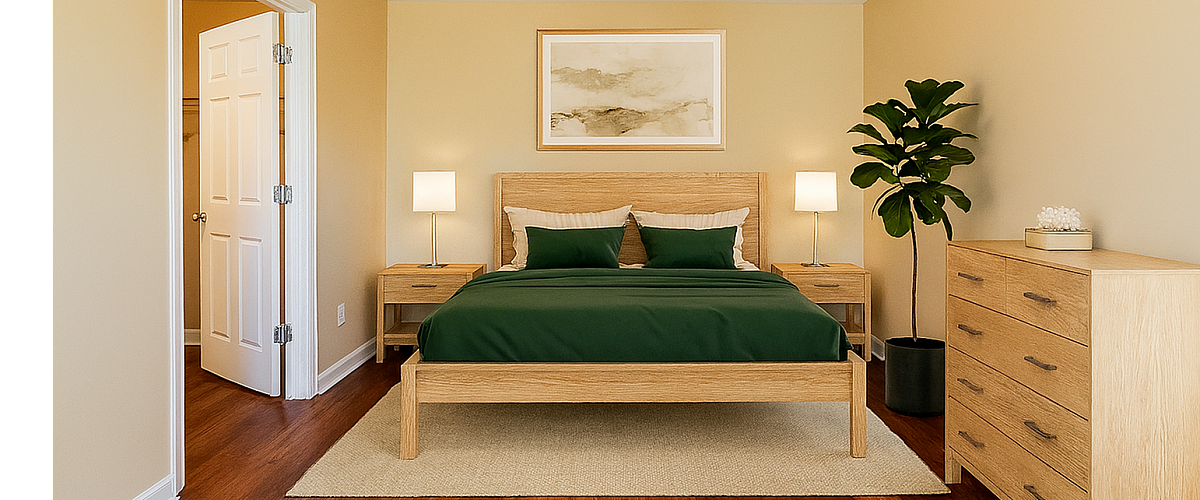 Elegant bedroom featuring a warm color palette, luxurious green bedding, and modern wooden furniture illuminated by soft lamp lighting.