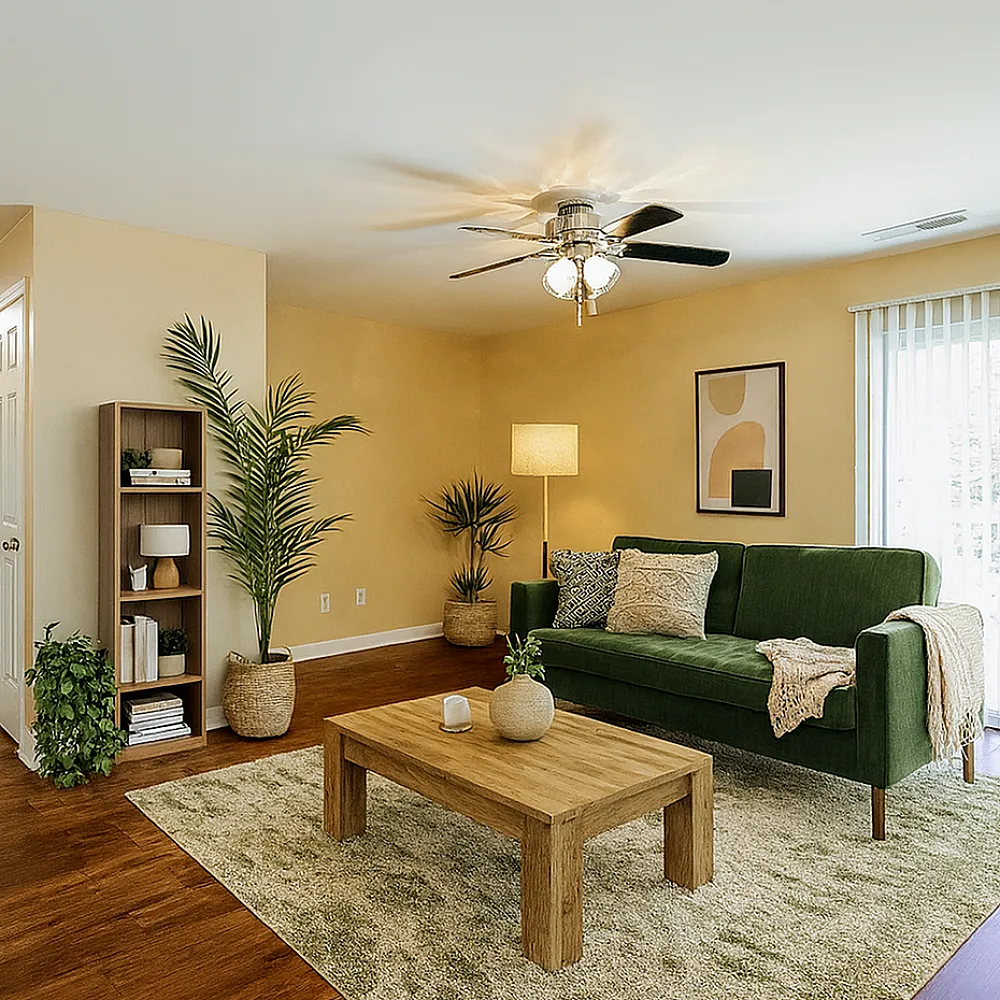 Inviting living room with a cozy green sofa, elegant hardwood floors, and abundant natural light from sliding glass doors.
