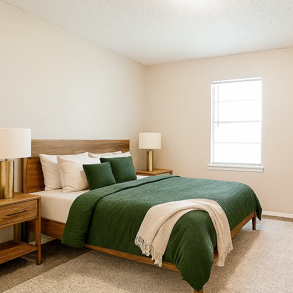 Cozy bedroom with stylish decor, featuring a green-accented bed, elegant wooden furniture, and a bright window for natural light.