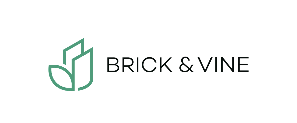 Elegant Brick & Vine logo featuring a modern green geometric design symbolizing growth and sustainability.