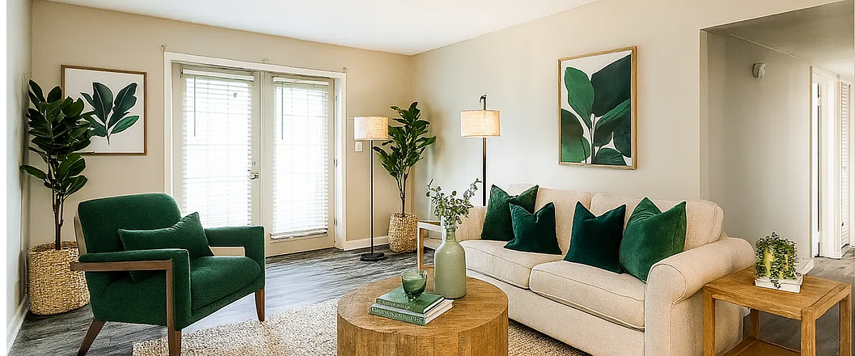 Inviting living room with elegant d&eacute;cor, featuring plush green accents, modern furniture, and abundant natural light through French doors.