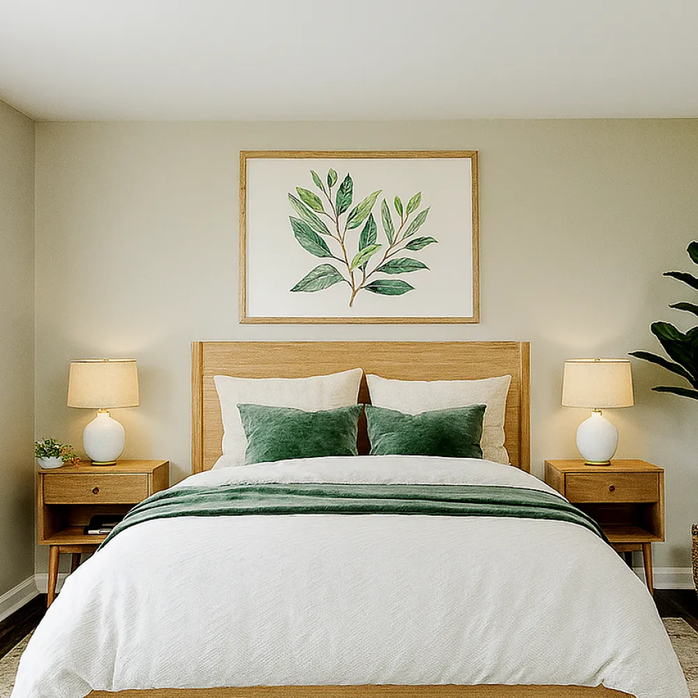 Inviting bedroom with chic d&eacute;cor, featuring a cozy bed with green accents, modern wood furniture, and a vibrant indoor plant.