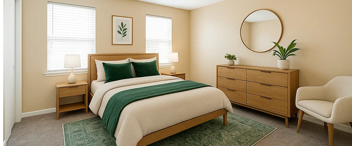 Inviting bedroom with elegant decor, featuring a cozy bed, stylish dresser with a mirror, and lush green accents.