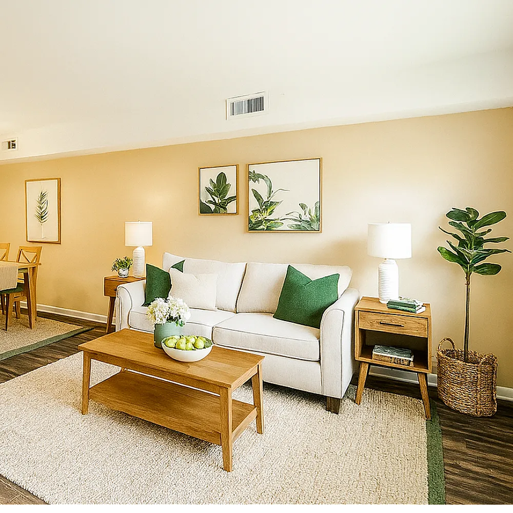 Inviting living room with cozy beige sofa, modern wooden furniture, and vibrant green accents, leading to a charming dining area with natural light.
