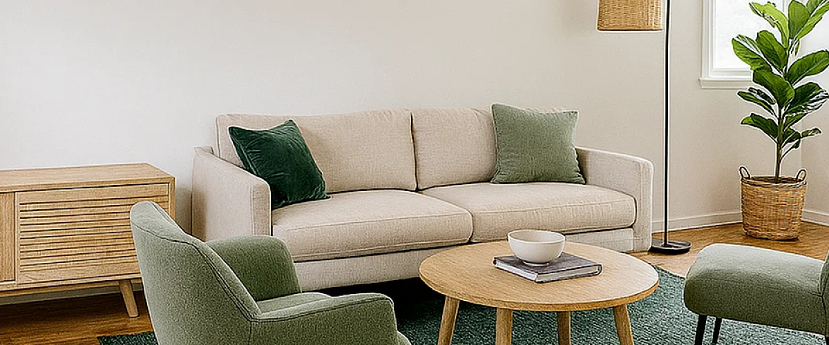 Charming living room with a beige sofa, green armchairs, and a cozy wooden coffee table, accented by a stylish floor lamp and lush plant, creating a relaxed and inviting atmosphere.