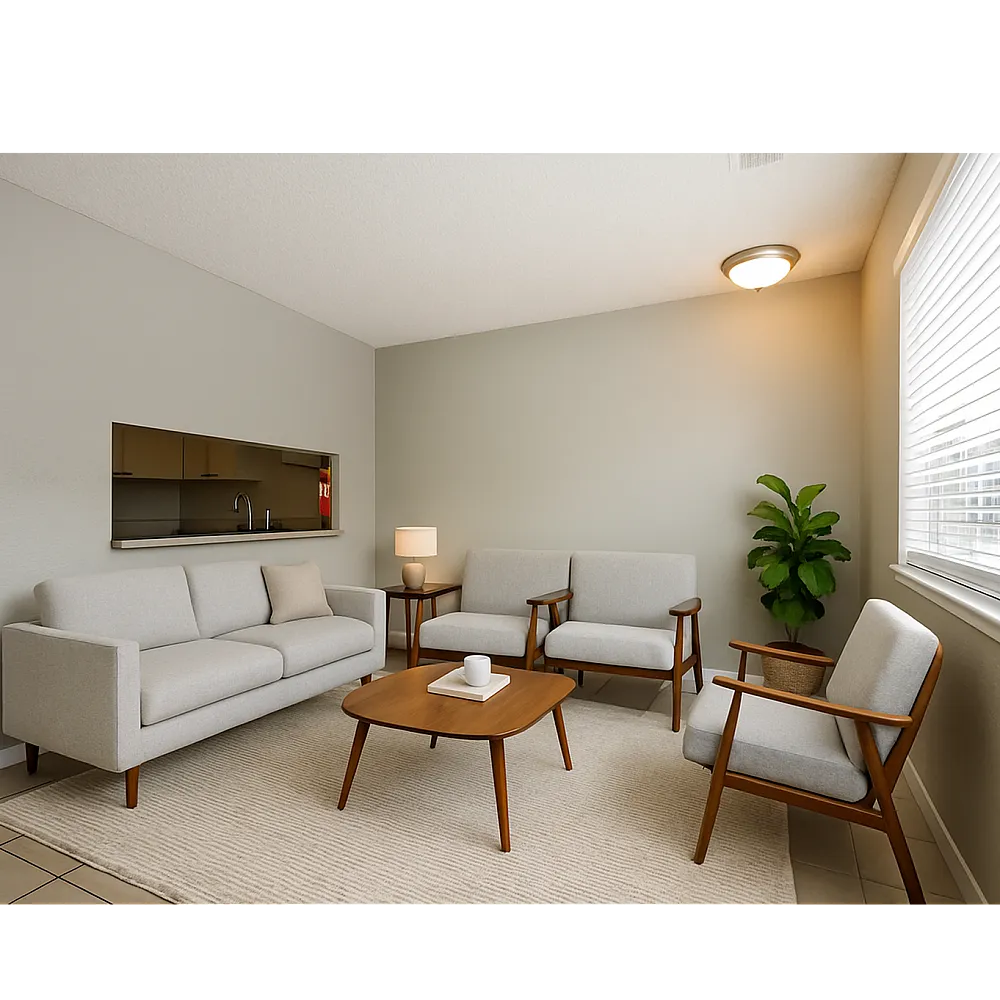 Inviting living room with stylish modern furniture, natural light, and cozy ambience ideal for relaxation.